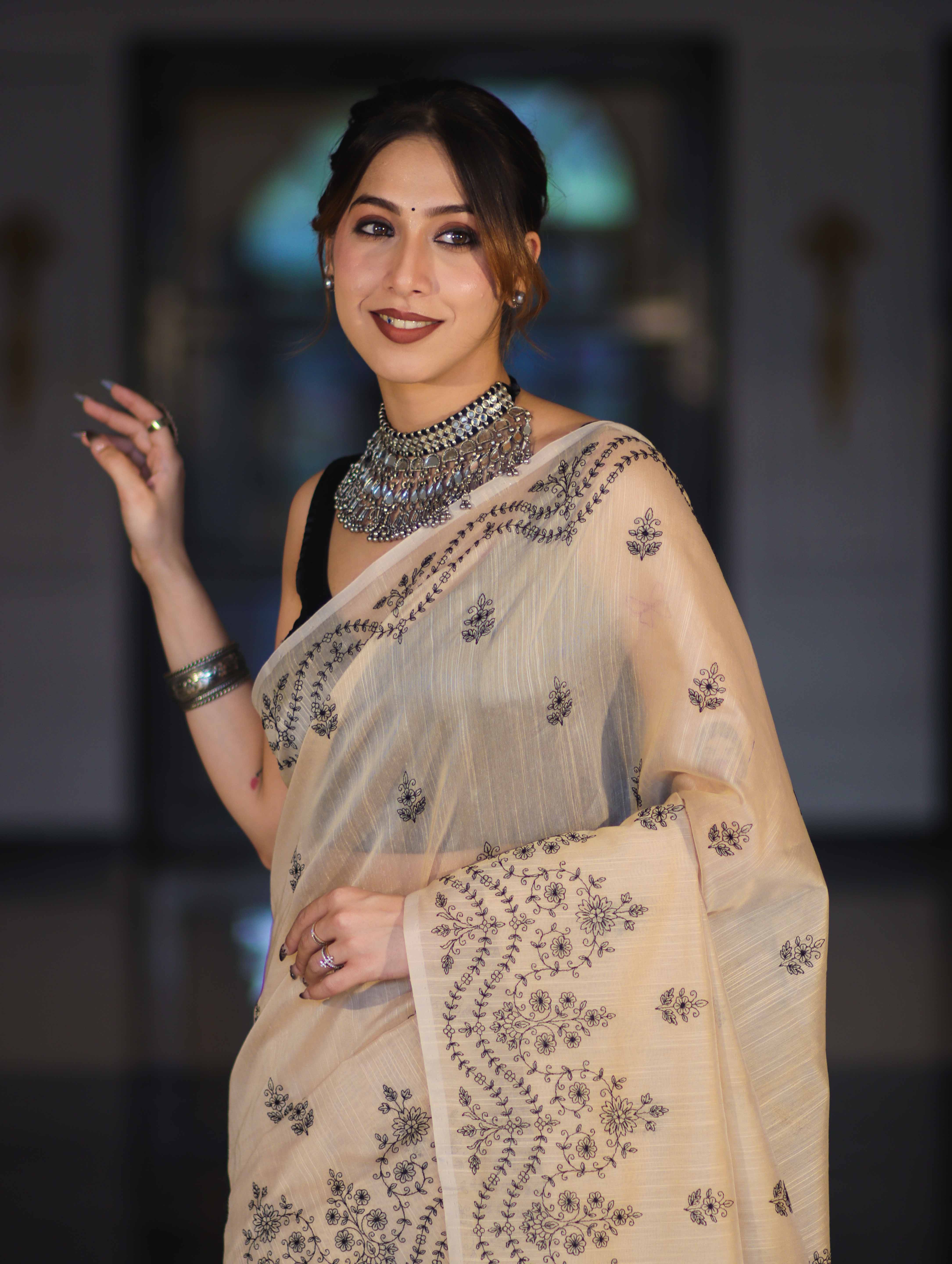 Banarasee Handloom Chanderi Cotton Saree With Hand Embroidered Floral Design-Beige