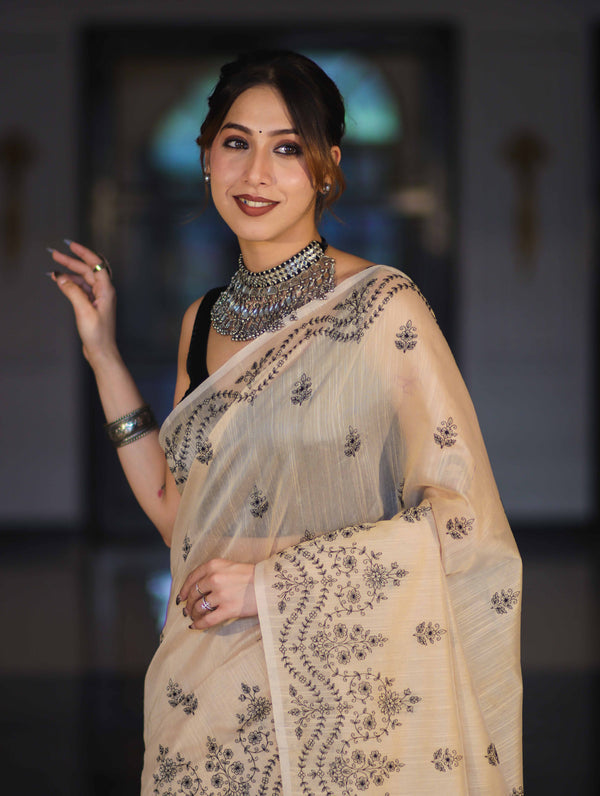 Banarasee Handloom Chanderi Cotton Saree With Hand Embroidered Floral Design-Beige