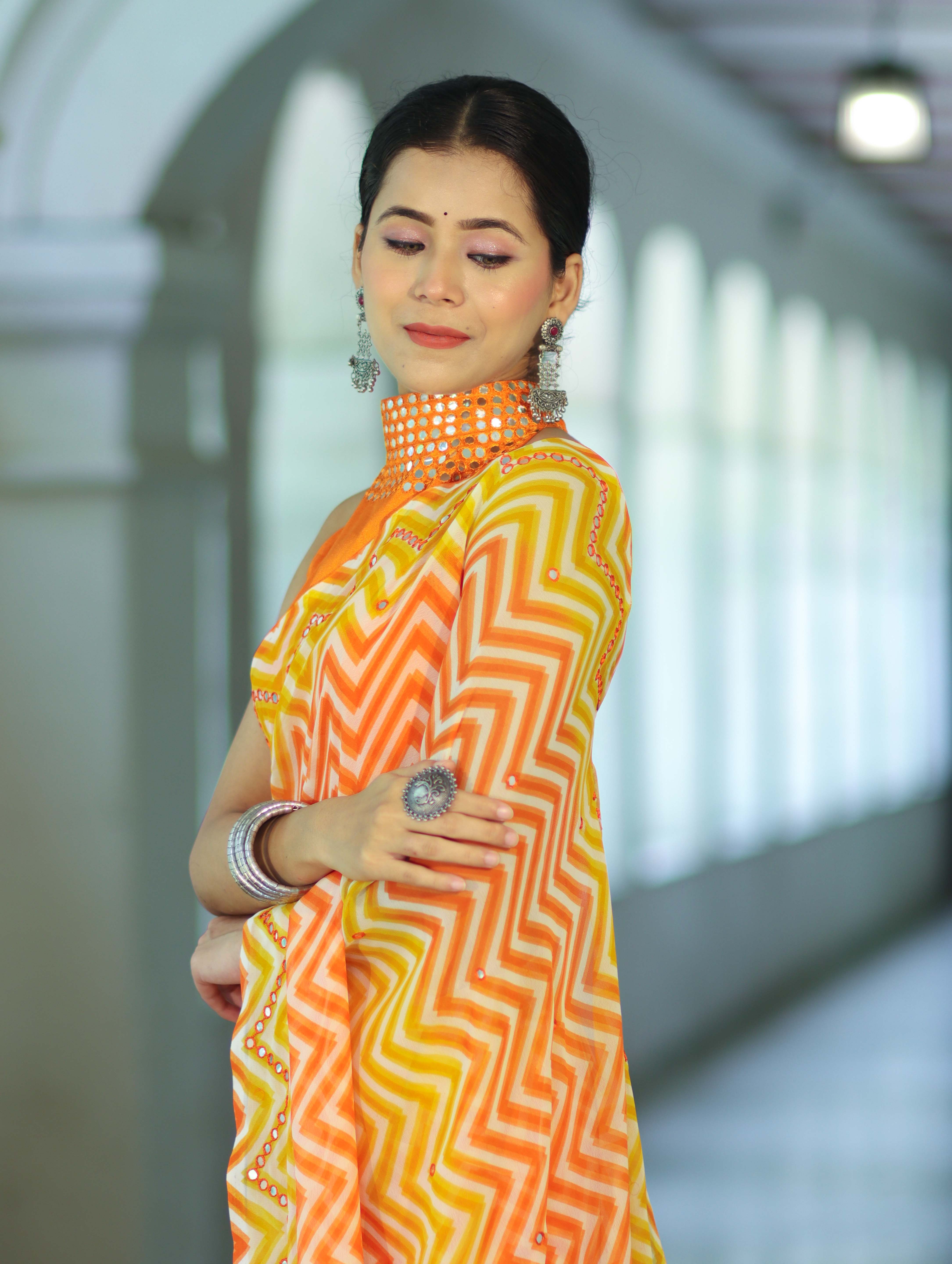 Banarasee Printed Handwork Chiffon Saree-Orange & Yellow