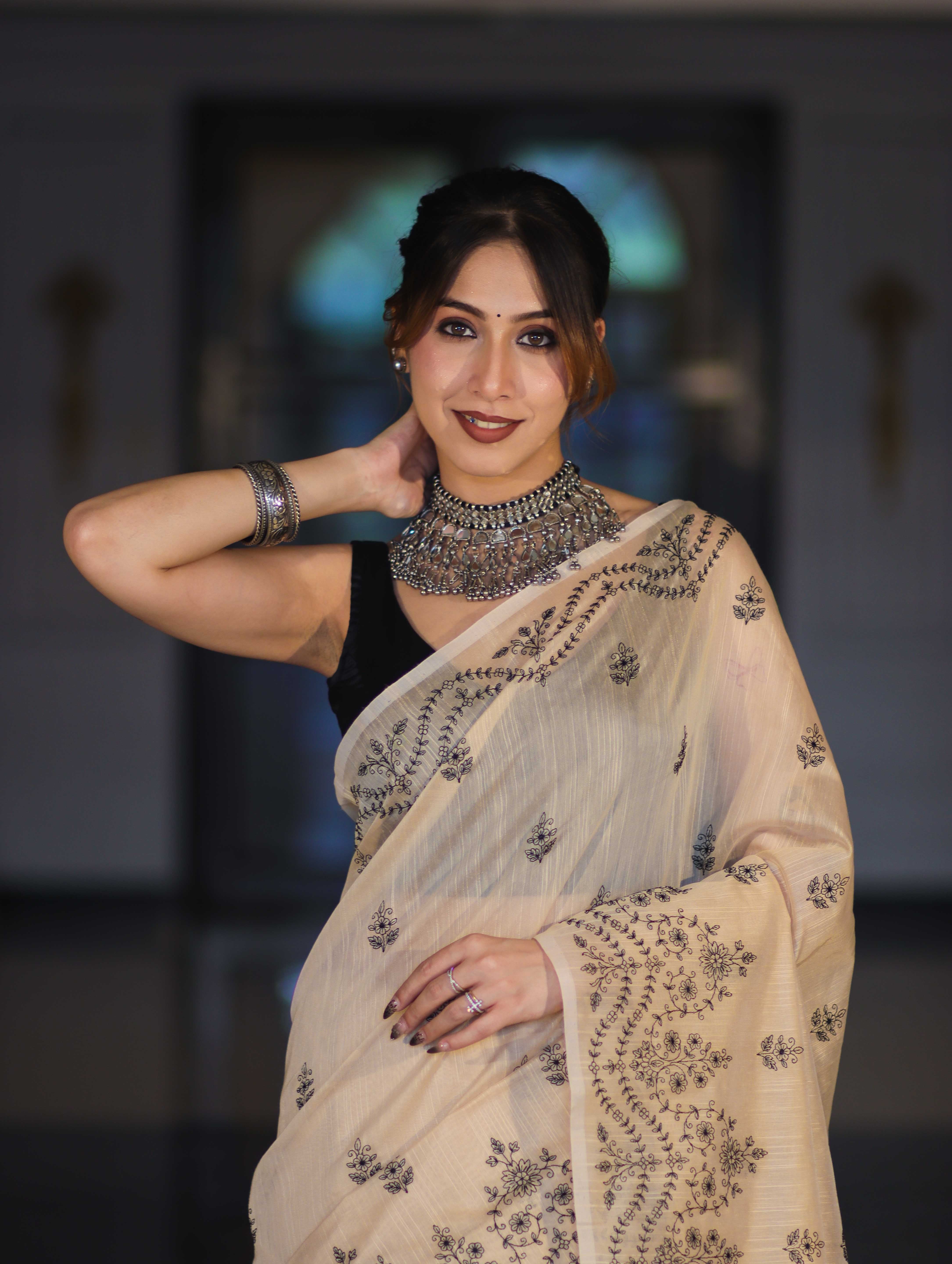 Banarasee Handloom Chanderi Cotton Saree With Hand Embroidered Floral Design-Beige