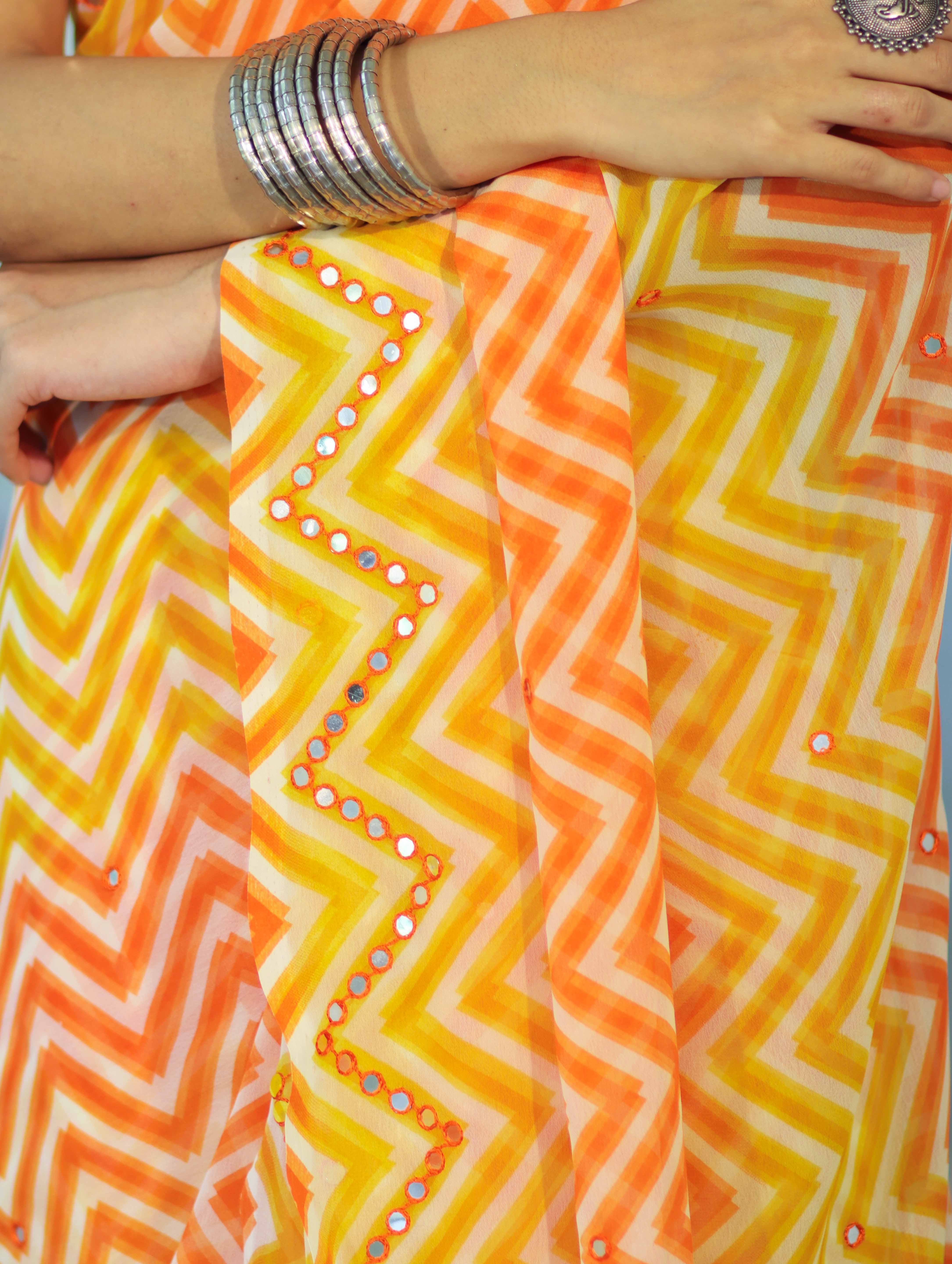 Banarasee Printed Handwork Chiffon Saree-Orange & Yellow
