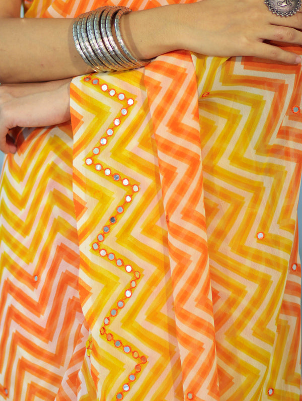 Banarasee Printed Handwork Chiffon Saree-Orange & Yellow