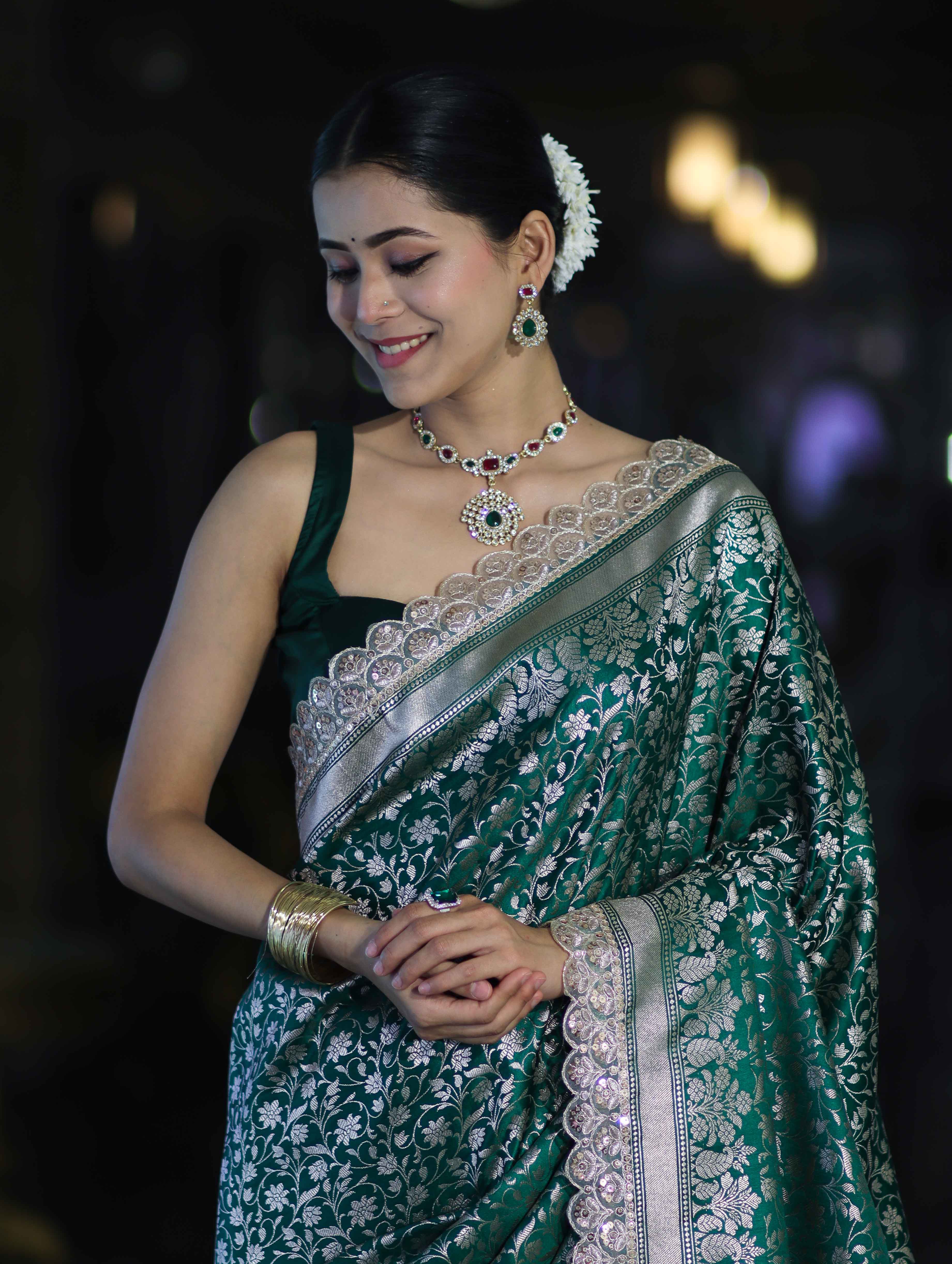 Banarasee Handloom Mashru Silk Saree With Heavy Zari Jaal & Lace Border-Green