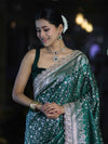 Banarasee Handloom Mashru Silk Saree With Heavy Zari Jaal & Lace Border-Green
