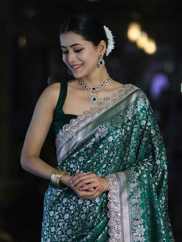 Banarasee Handloom Mashru Silk Saree With Heavy Zari Jaal & Lace Border-Green