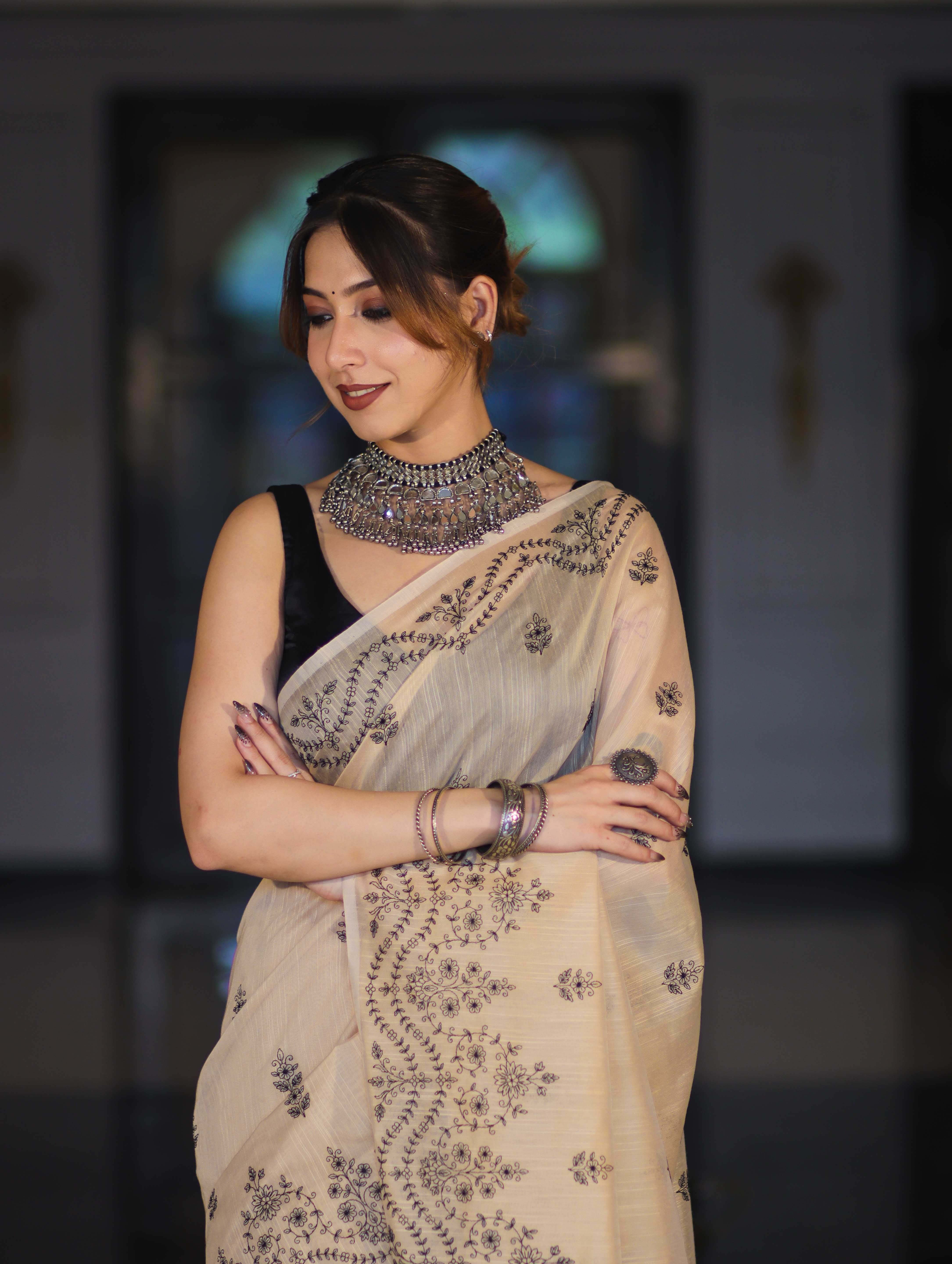 Banarasee Handloom Chanderi Cotton Saree With Hand Embroidered Floral Design-Beige
