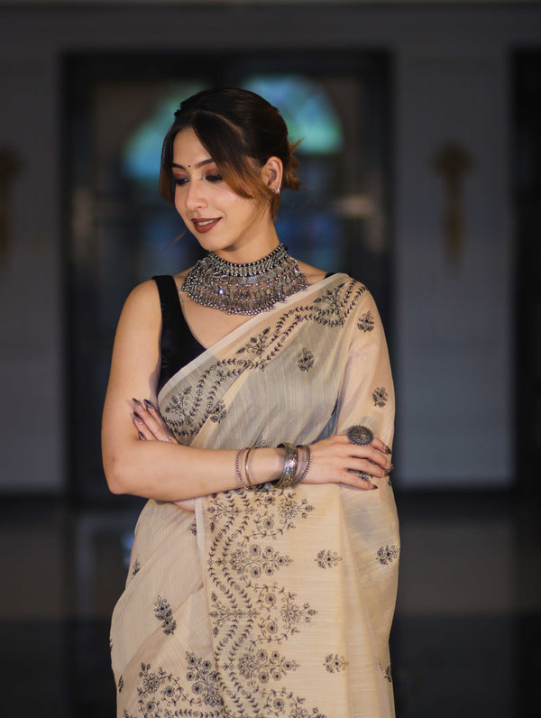Banarasee Handloom Chanderi Cotton Saree With Hand Embroidered Floral Design-Beige