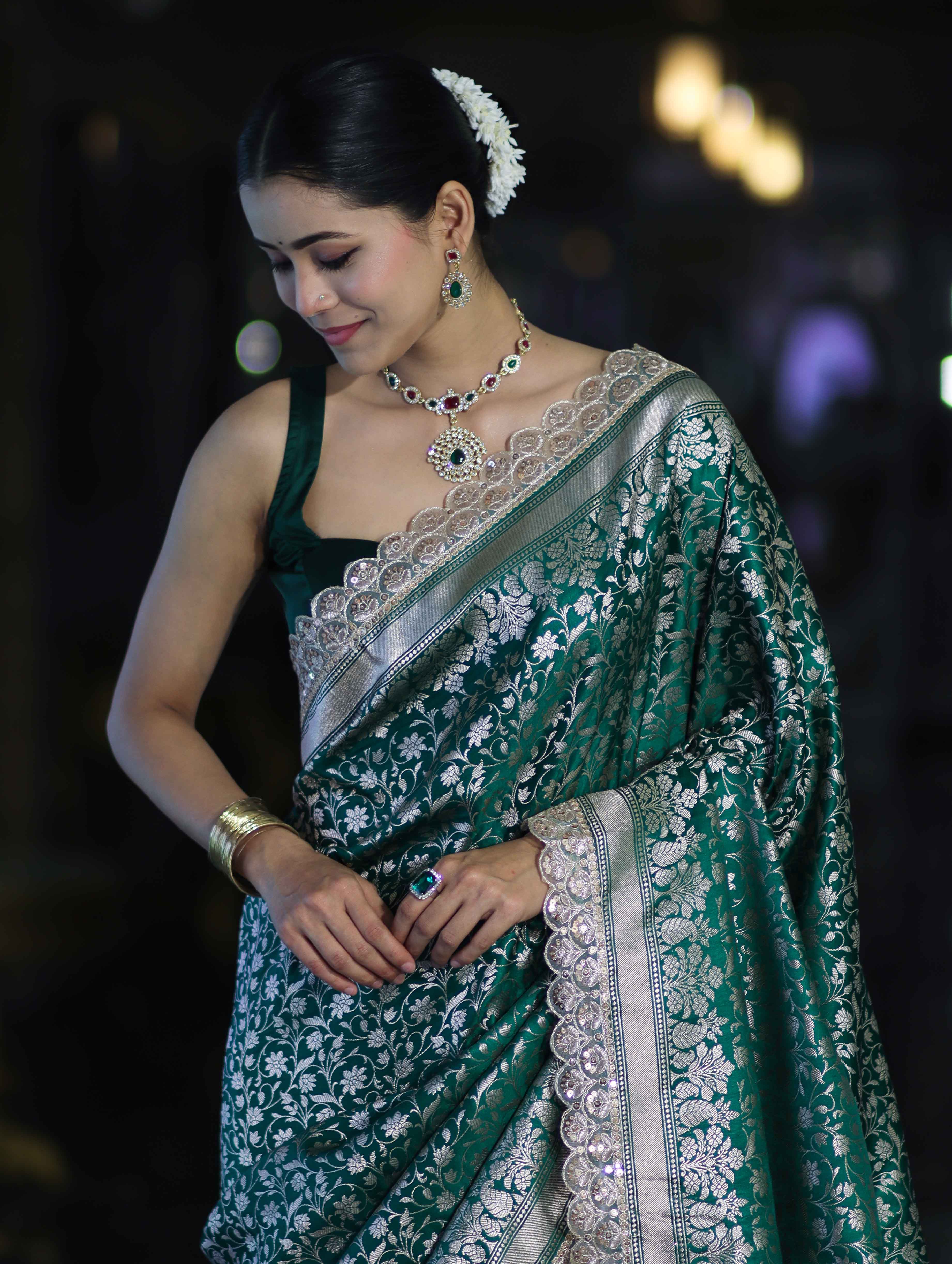 Banarasee Handloom Mashru Silk Saree With Heavy Zari Jaal & Lace Border-Green