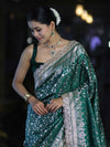 Banarasee Handloom Mashru Silk Saree With Heavy Zari Jaal & Lace Border-Green