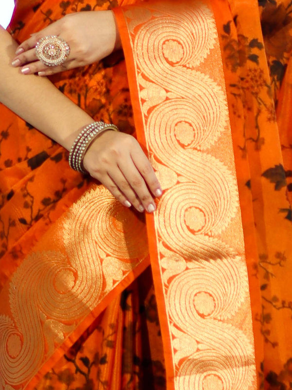 Banarasee Handloom Semi Silk Saree With Digital Printed Design & Zari Woven Border-Orange