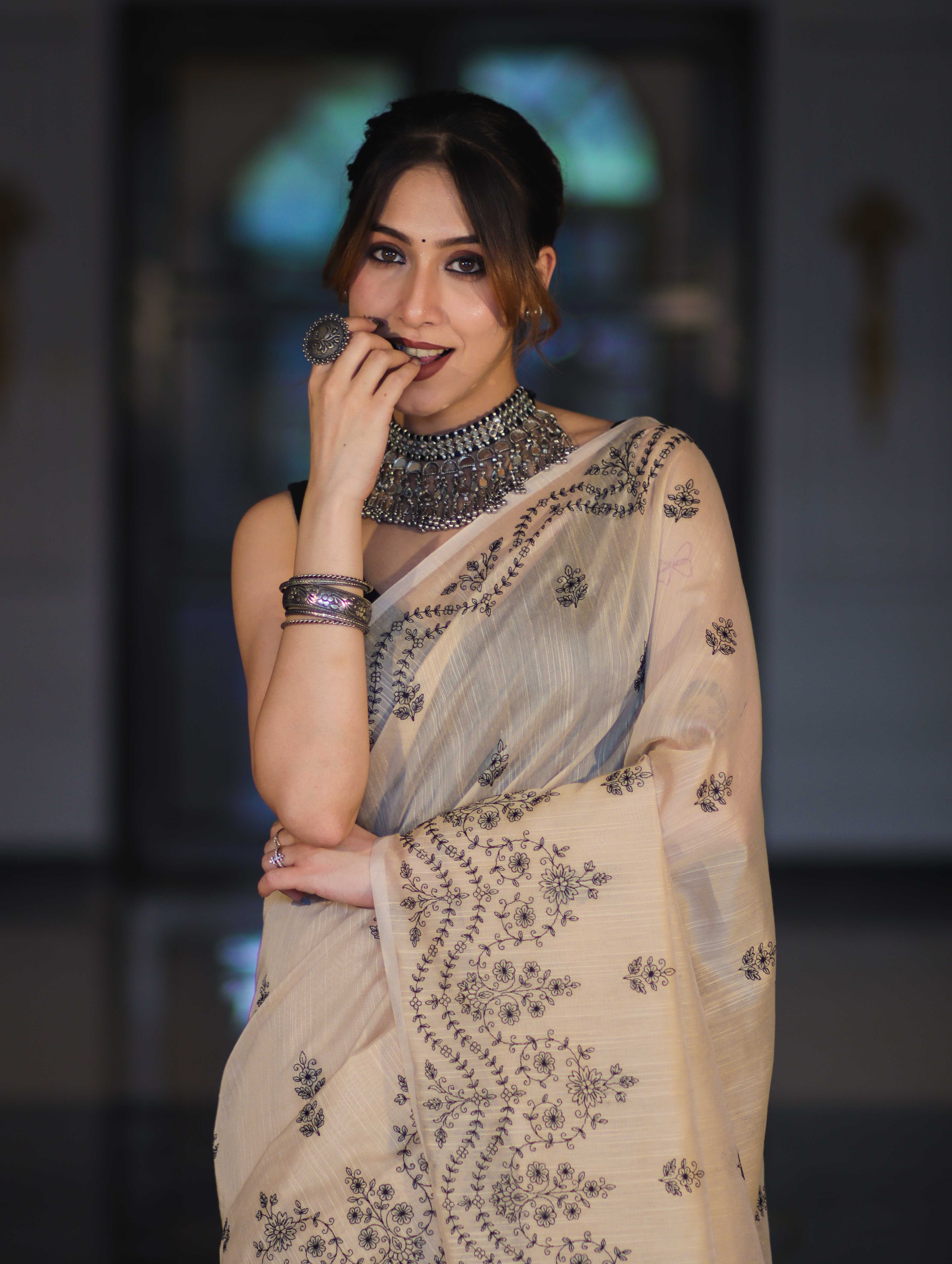Banarasee Handloom Chanderi Cotton Saree With Hand Embroidered Floral Design-Beige
