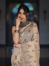 Banarasee Handloom Chanderi Cotton Saree With Hand Embroidered Floral Design-Beige