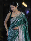 Banarasee Handloom Mashru Silk Saree With Heavy Zari Jaal & Lace Border-Green
