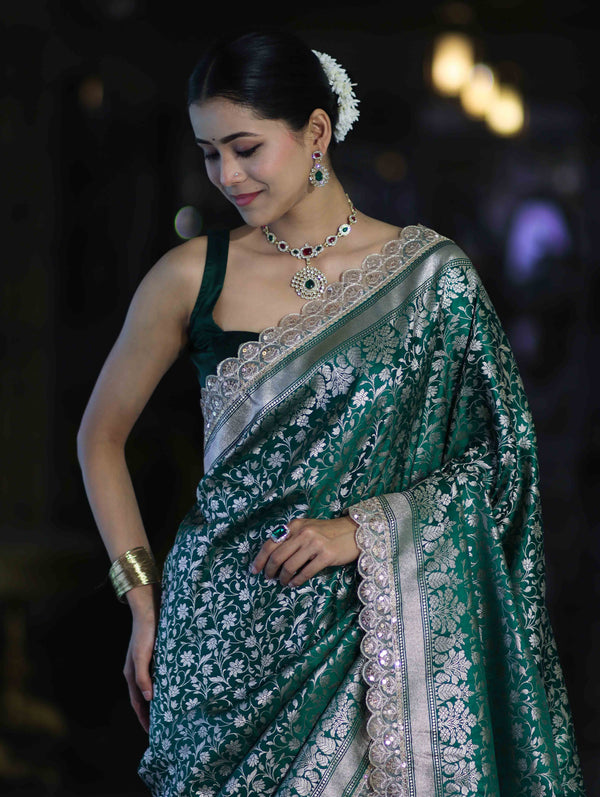 Banarasee Handloom Mashru Silk Saree With Heavy Zari Jaal & Lace Border-Green