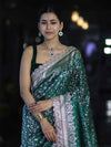 Banarasee Handloom Mashru Silk Saree With Heavy Zari Jaal & Lace Border-Green