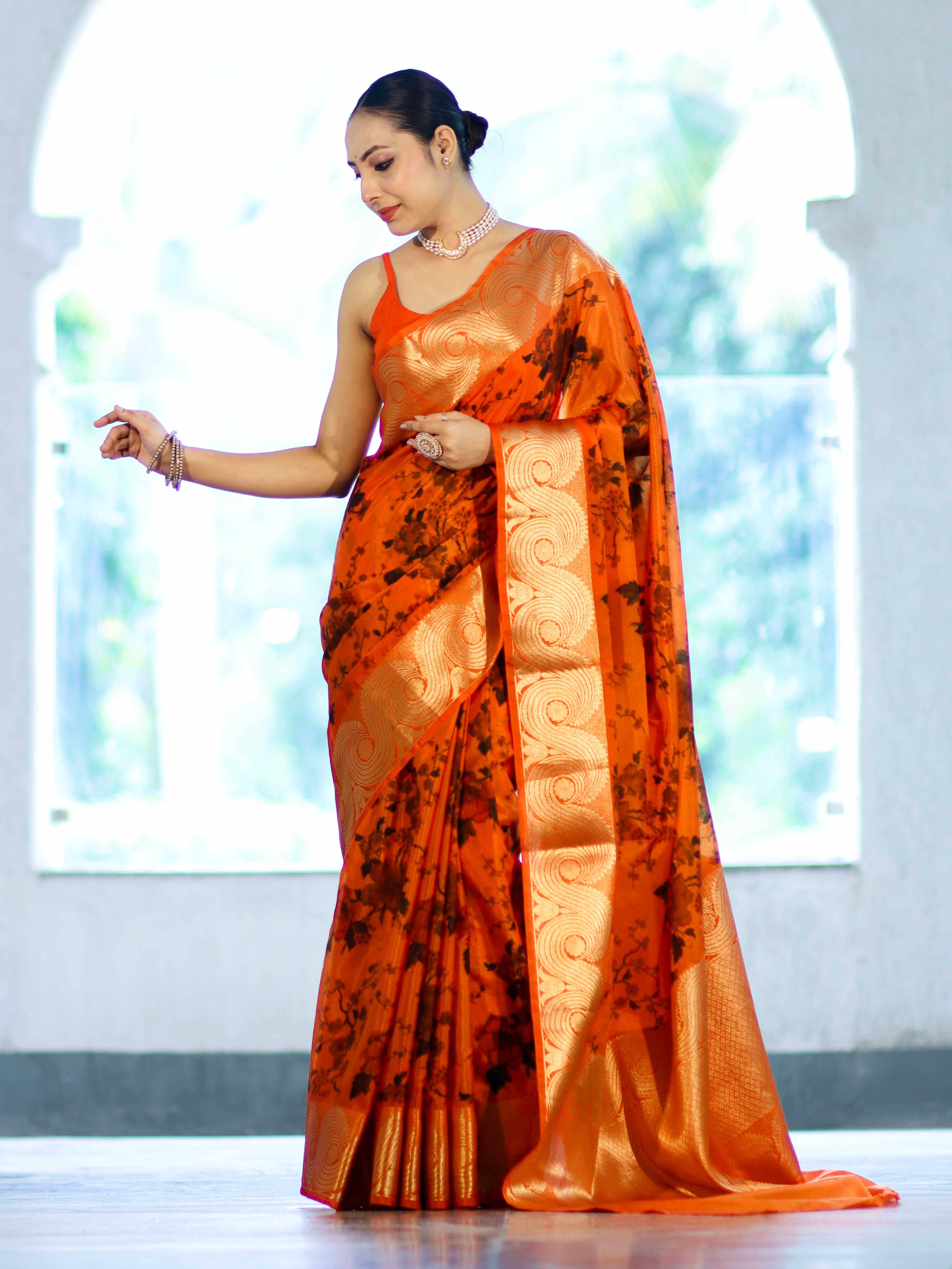 Banarasee Handloom Semi Silk Saree With Digital Printed Design & Zari Woven Border-Orange