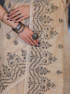 Banarasee Handloom Chanderi Cotton Saree With Hand Embroidered Floral Design-Beige