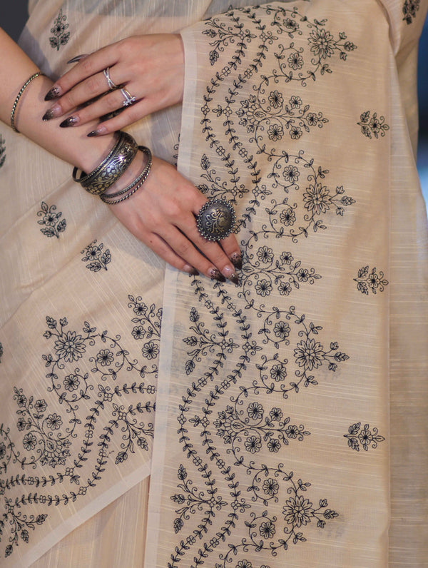 Banarasee Handloom Chanderi Cotton Saree With Hand Embroidered Floral Design-Beige