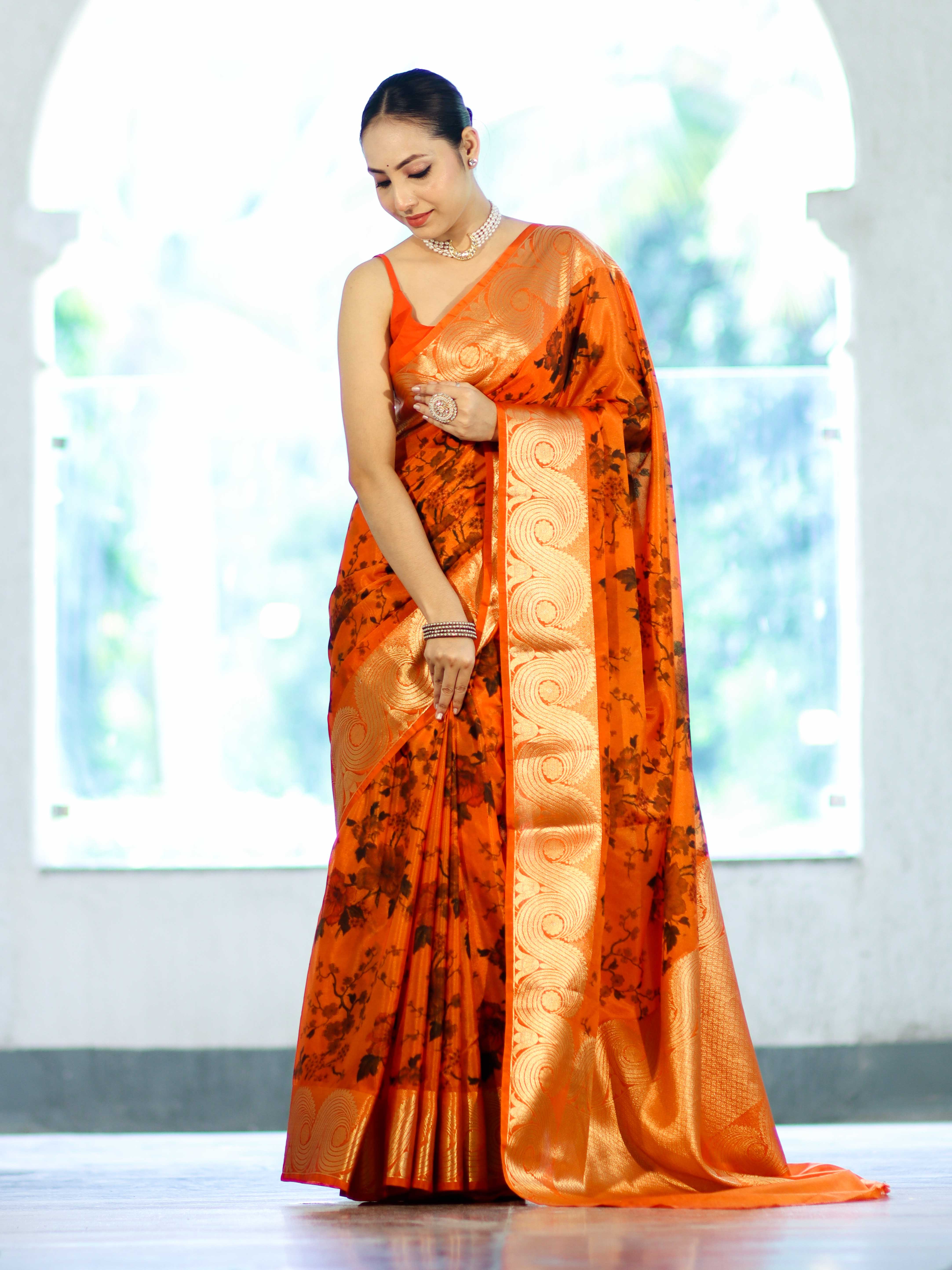 Banarasee Handloom Semi Silk Saree With Digital Printed Design & Zari Woven Border-Orange