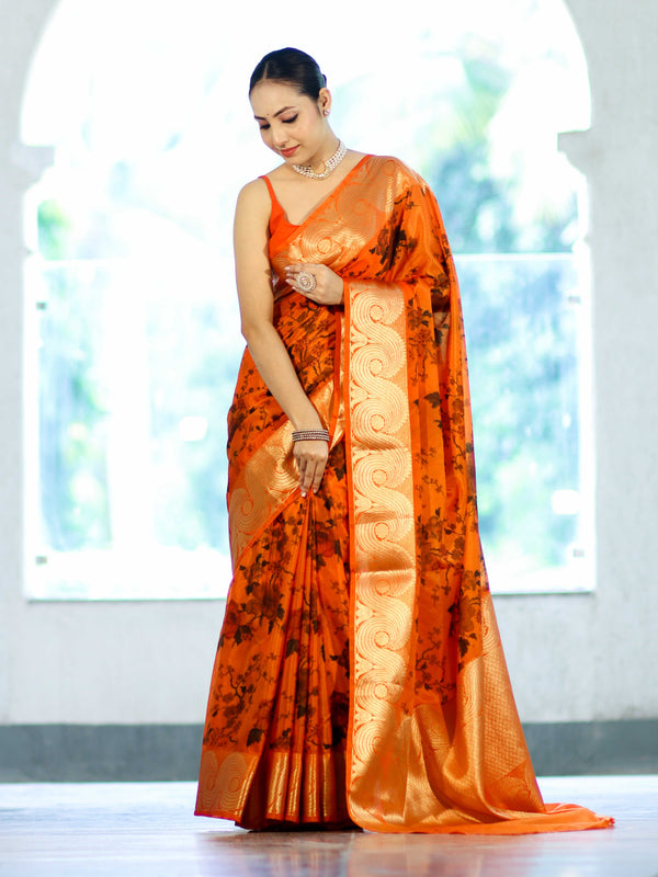 Banarasee Handloom Semi Silk Saree With Digital Printed Design & Zari Woven Border-Orange