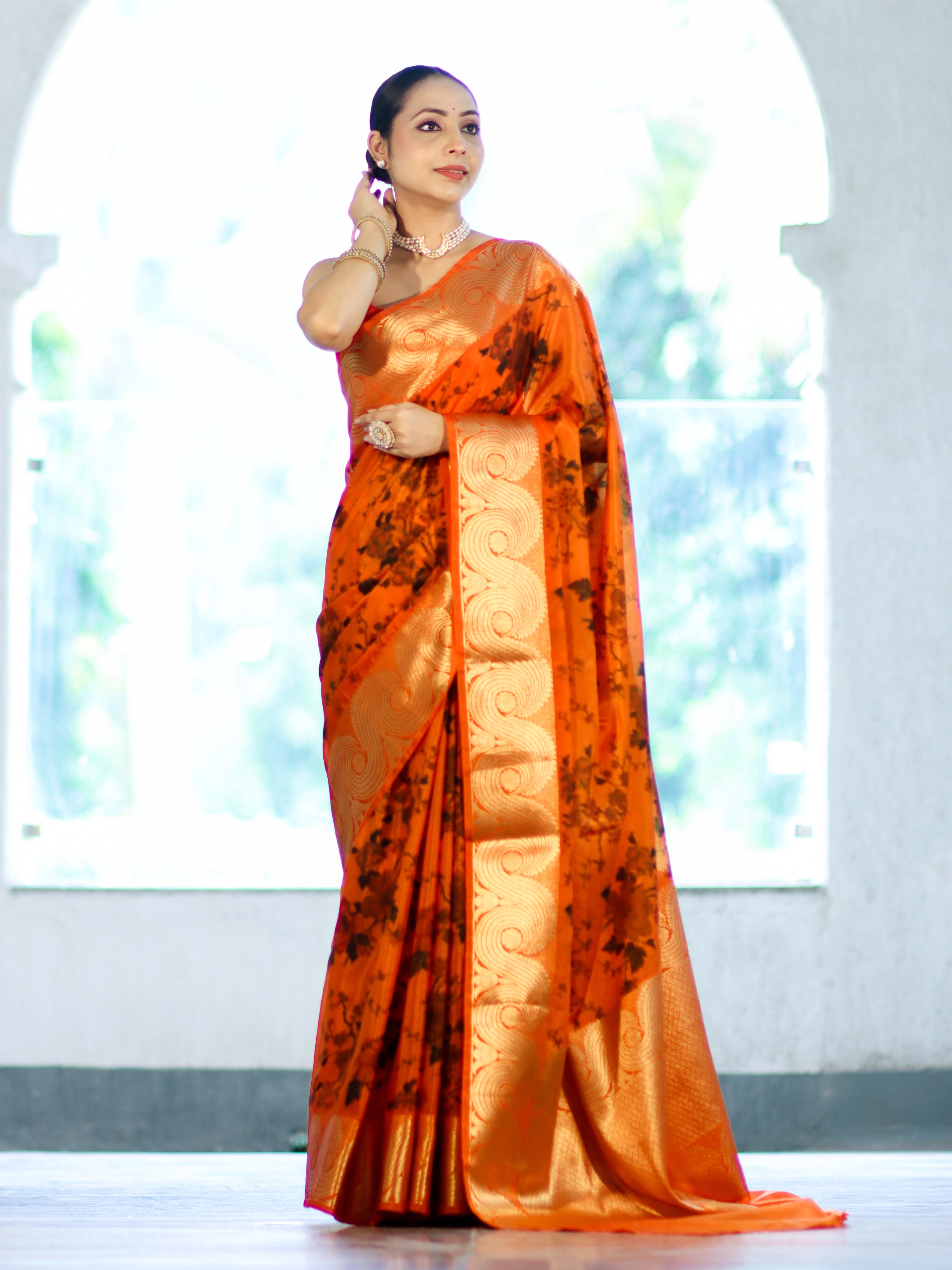 Banarasee Handloom Semi Silk Saree With Digital Printed Design & Zari Woven Border-Orange