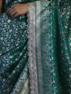 Banarasee Handloom Mashru Silk Saree With Heavy Zari Jaal & Lace Border-Green