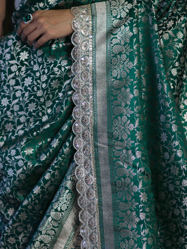 Banarasee Handloom Mashru Silk Saree With Heavy Zari Jaal & Lace Border-Green