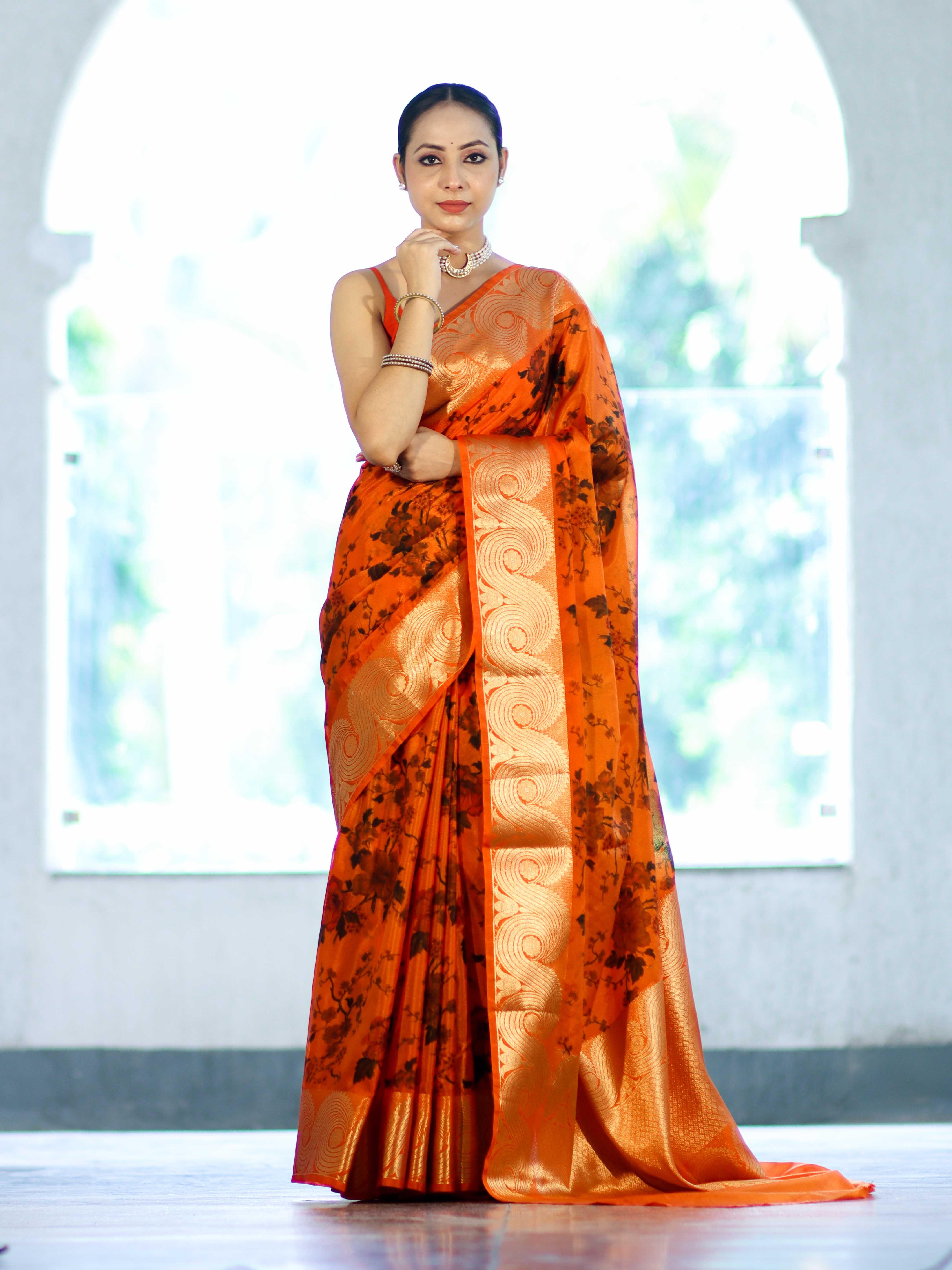 Banarasee Handloom Semi Silk Saree With Digital Printed Design & Zari Woven Border-Orange