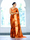 Banarasee Handloom Semi Silk Saree With Digital Printed Design & Zari Woven Border-Orange