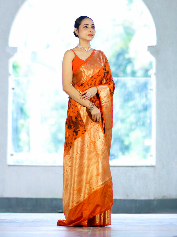 Banarasee Handloom Semi Silk Saree With Digital Printed Design & Zari Woven Border-Orange