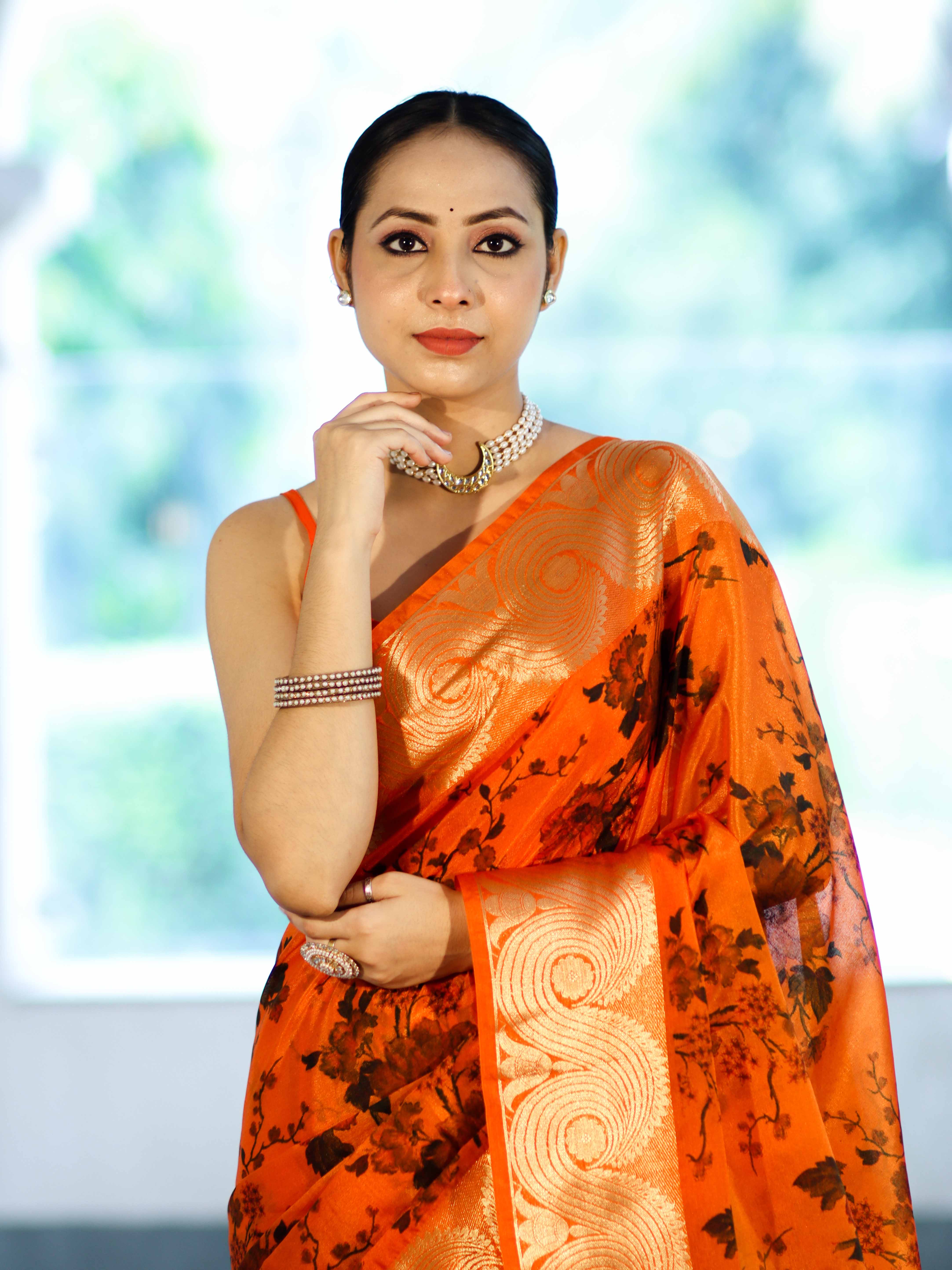 Banarasee Handloom Semi Silk Saree With Digital Printed Design & Zari Woven Border-Orange