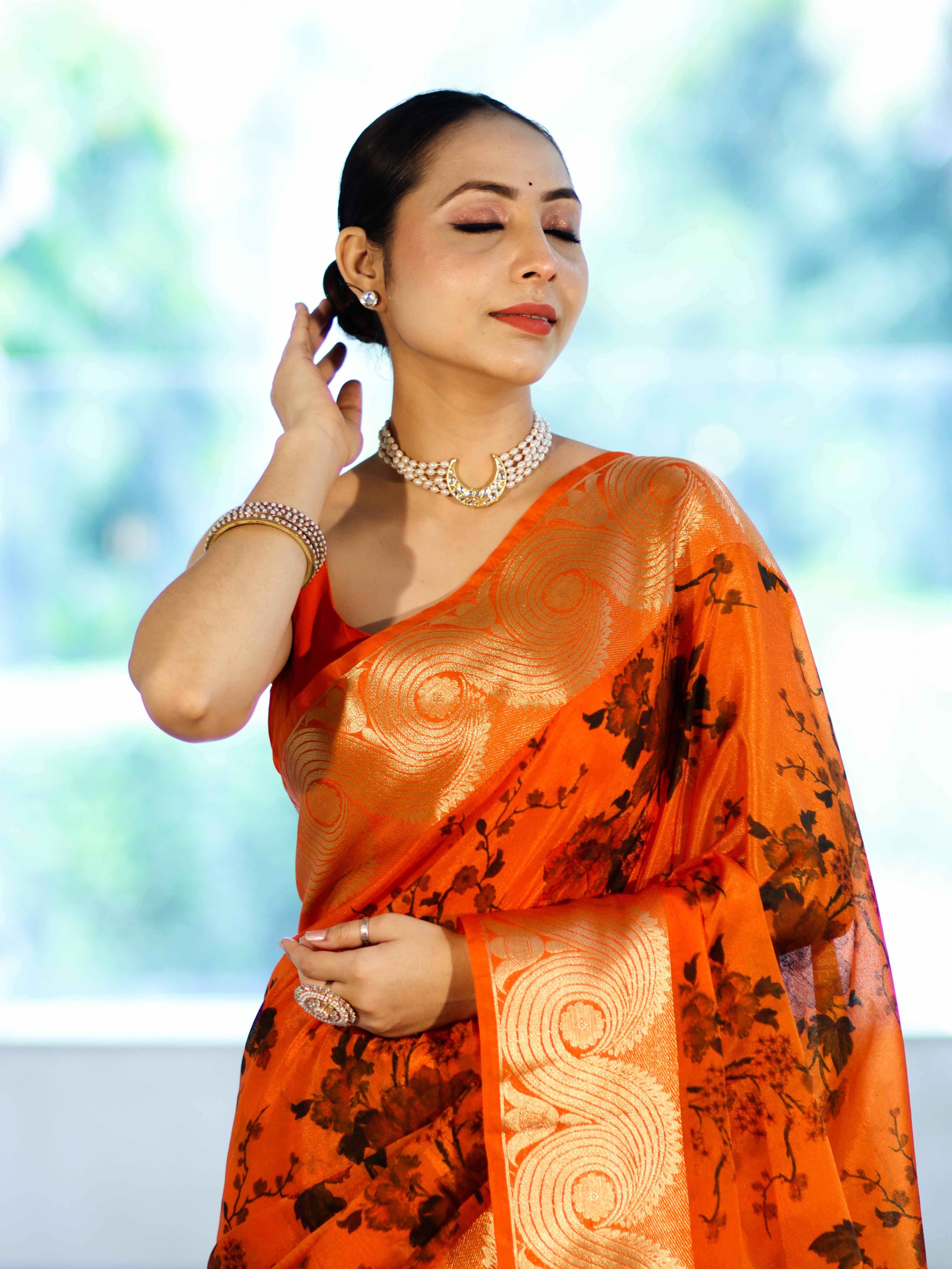 Banarasee Handloom Semi Silk Saree With Digital Printed Design & Zari Woven Border-Orange