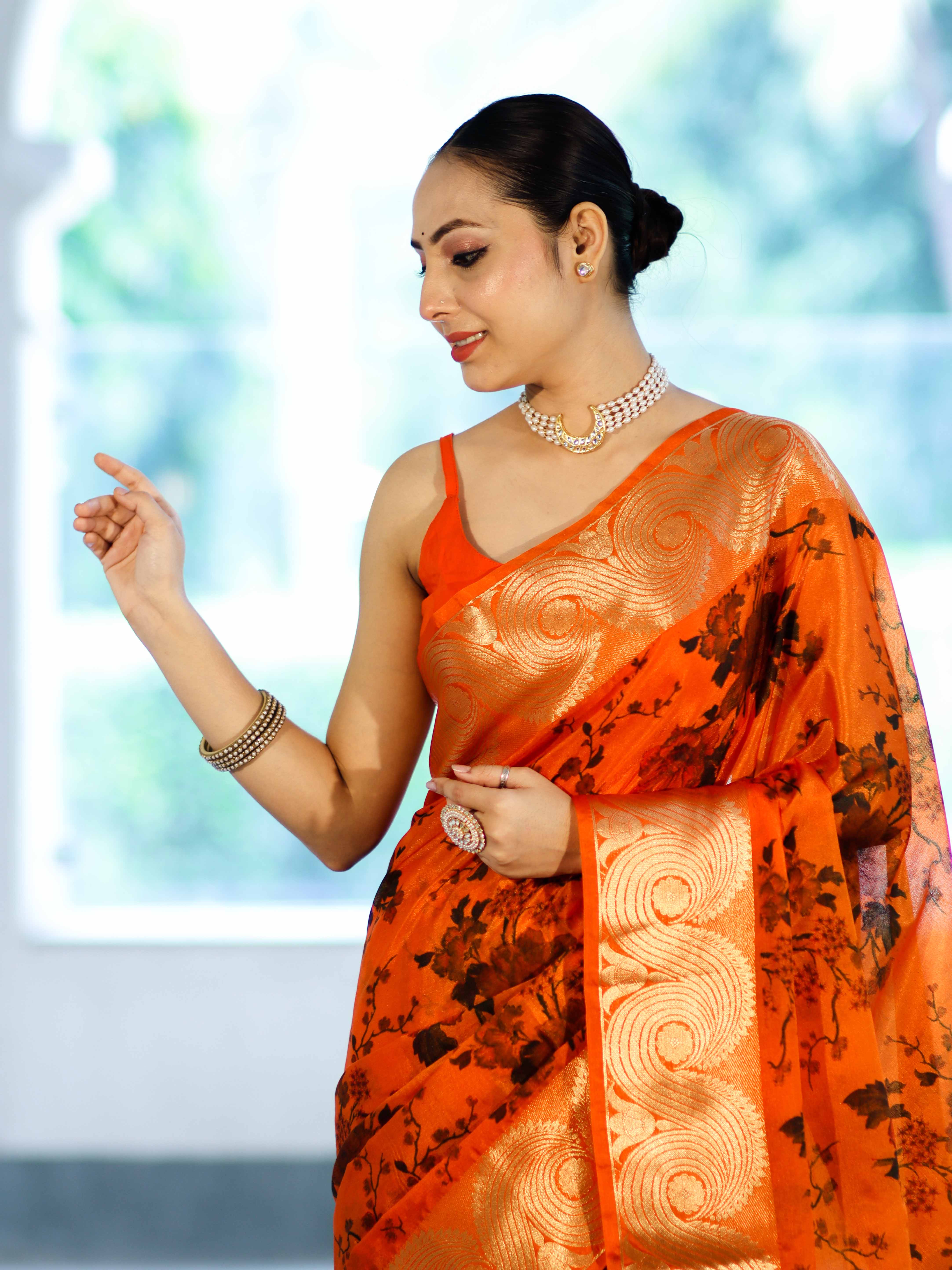 Banarasee Handloom Semi Silk Saree With Digital Printed Design & Zari Woven Border-Orange