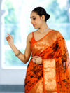 Banarasee Handloom Semi Silk Saree With Digital Printed Design & Zari Woven Border-Orange