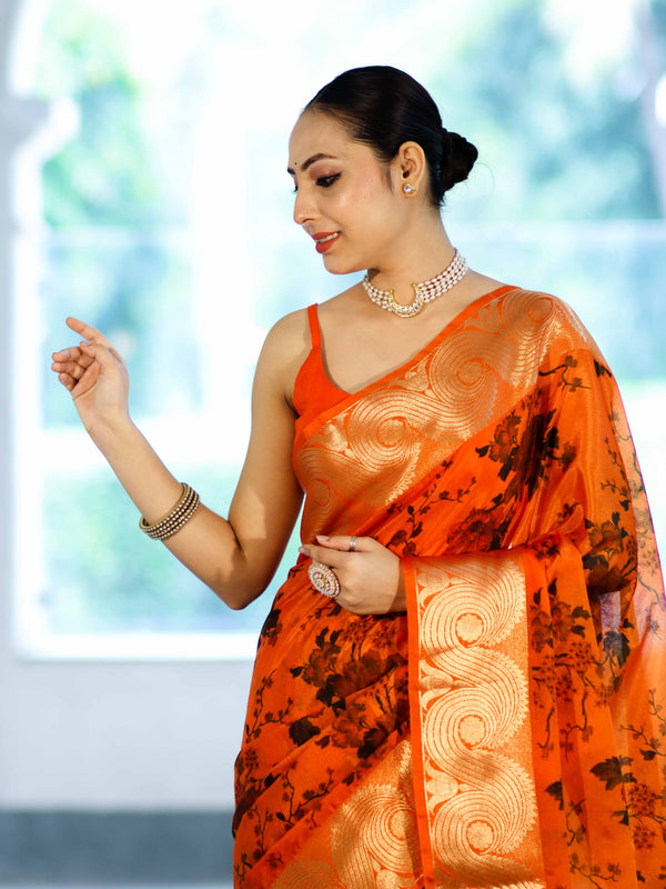 Banarasee Handloom Semi Silk Saree With Digital Printed Design & Zari Woven Border-Orange