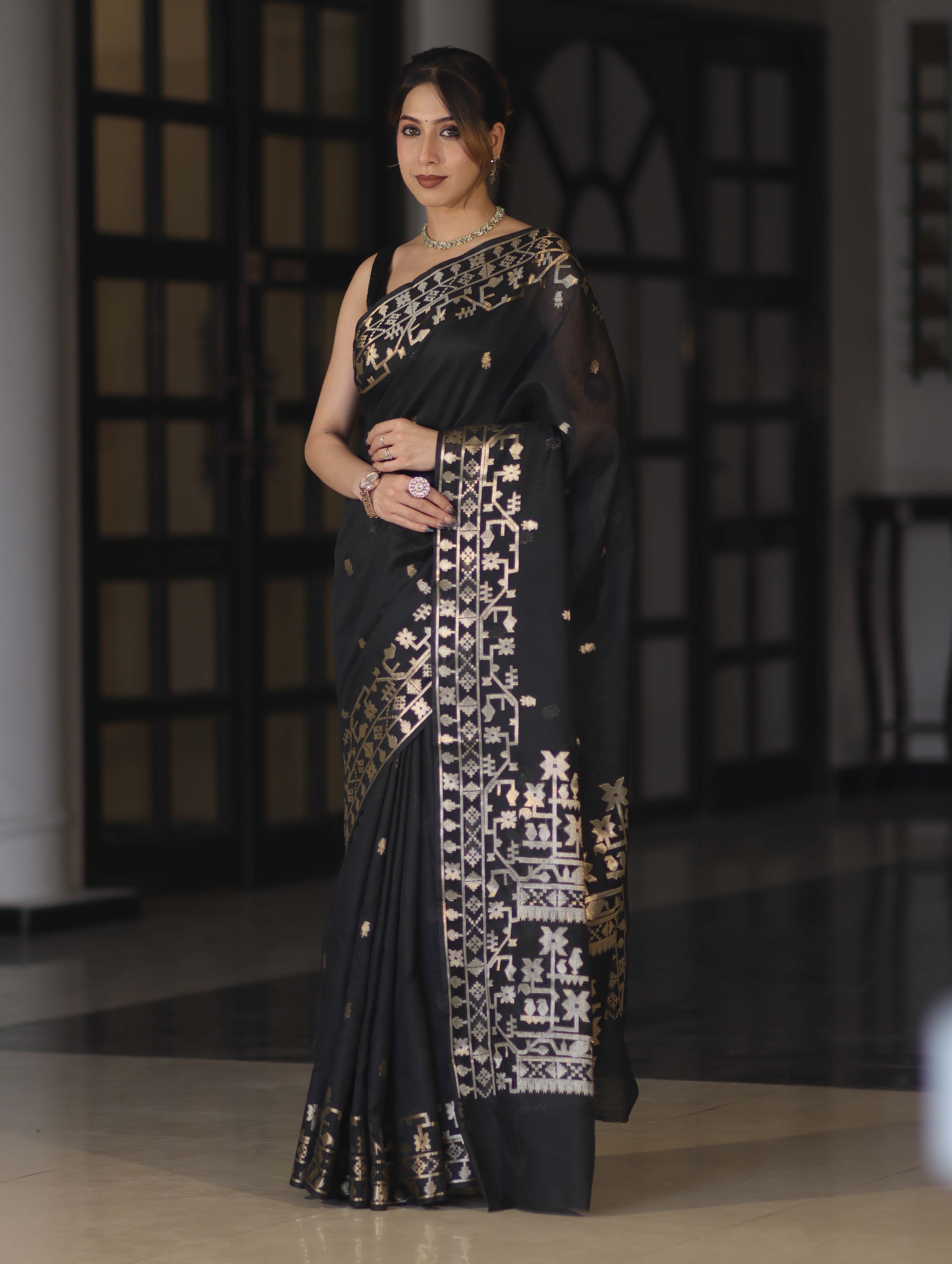 Banarasee Handloom Cotton Silk Saree With Zari Buti Deign & Geometric Border-Black