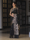 Banarasee Handloom Cotton Silk Saree With Zari Buti Deign & Geometric Border-Black