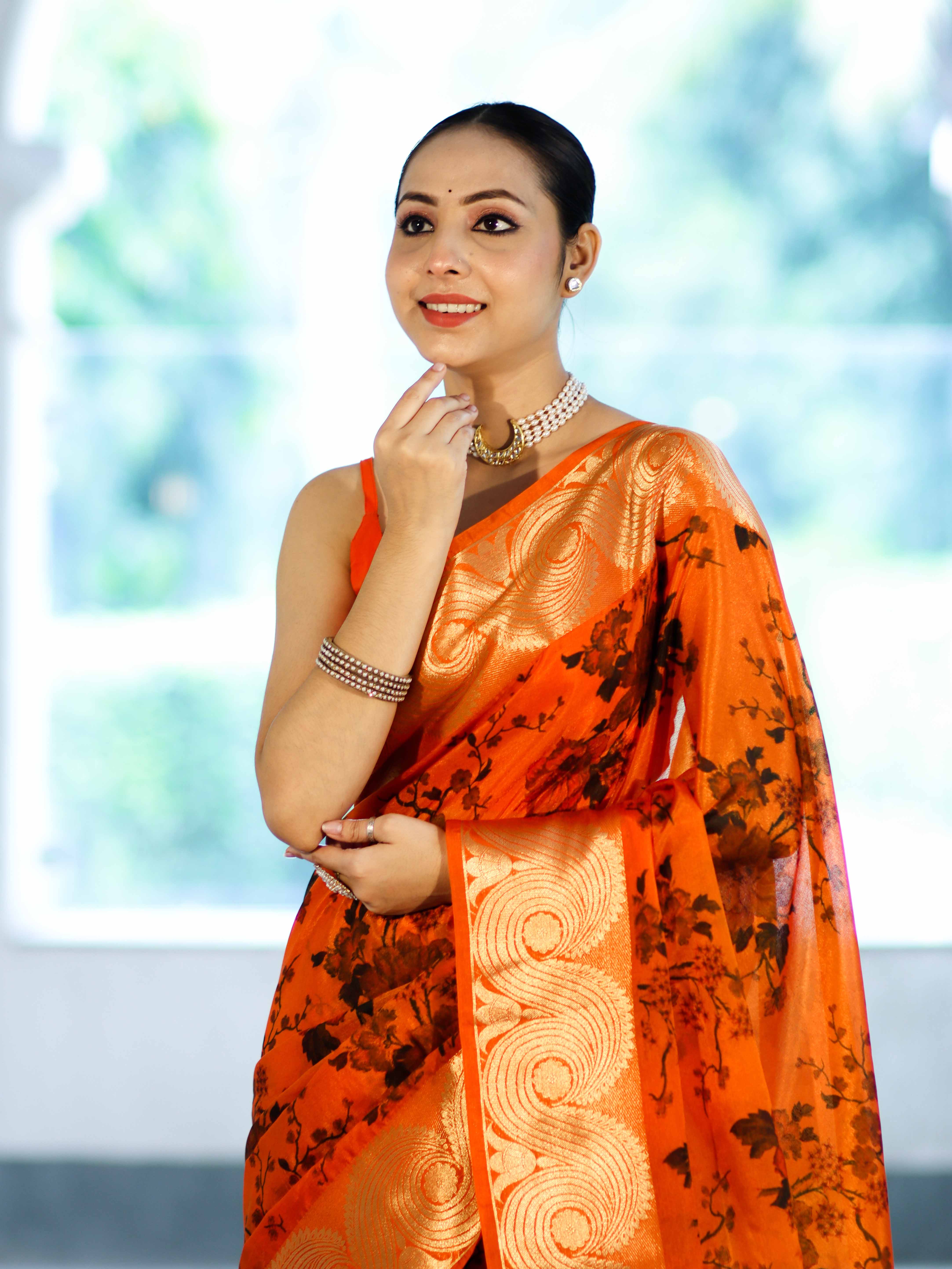 Banarasee Handloom Semi Silk Saree With Digital Printed Design & Zari Woven Border-Orange