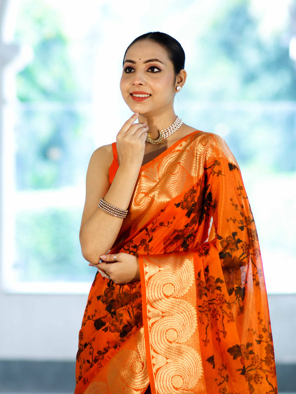 Banarasee Handloom Semi Silk Saree With Digital Printed Design & Zari Woven Border-Orange