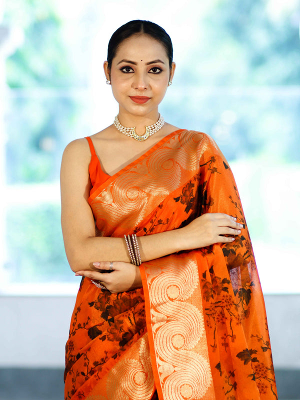 Banarasee Handloom Semi Silk Saree With Digital Printed Design & Zari Woven Border-Orange