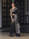 Banarasee Handloom Cotton Silk Saree With Zari Buti Deign & Geometric Border-Black