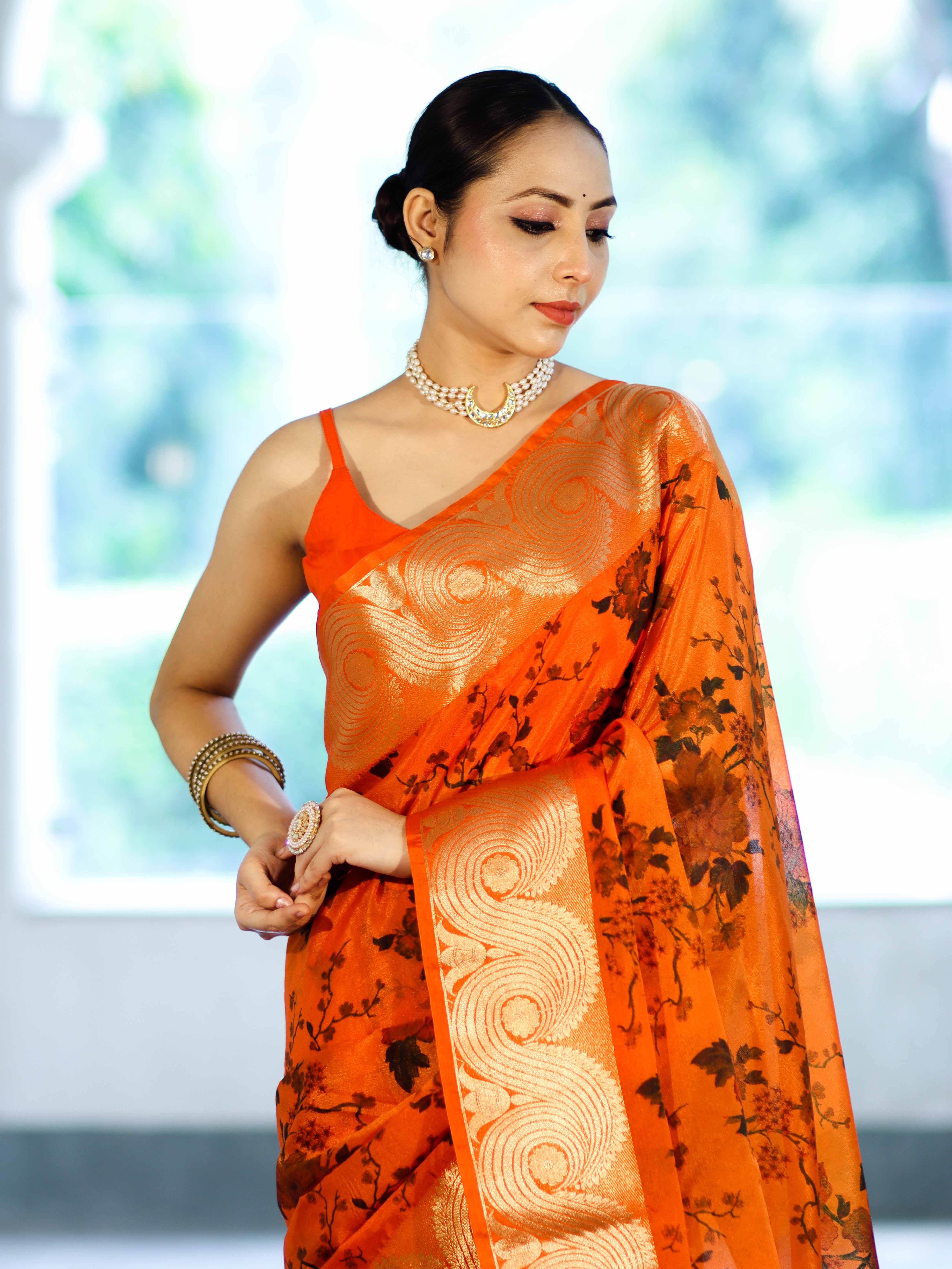 Banarasee Handloom Semi Silk Saree With Digital Printed Design & Zari Woven Border-Orange