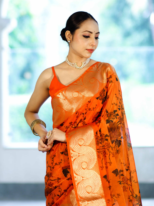 Banarasee Handloom Semi Silk Saree With Digital Printed Design & Zari Woven Border-Orange