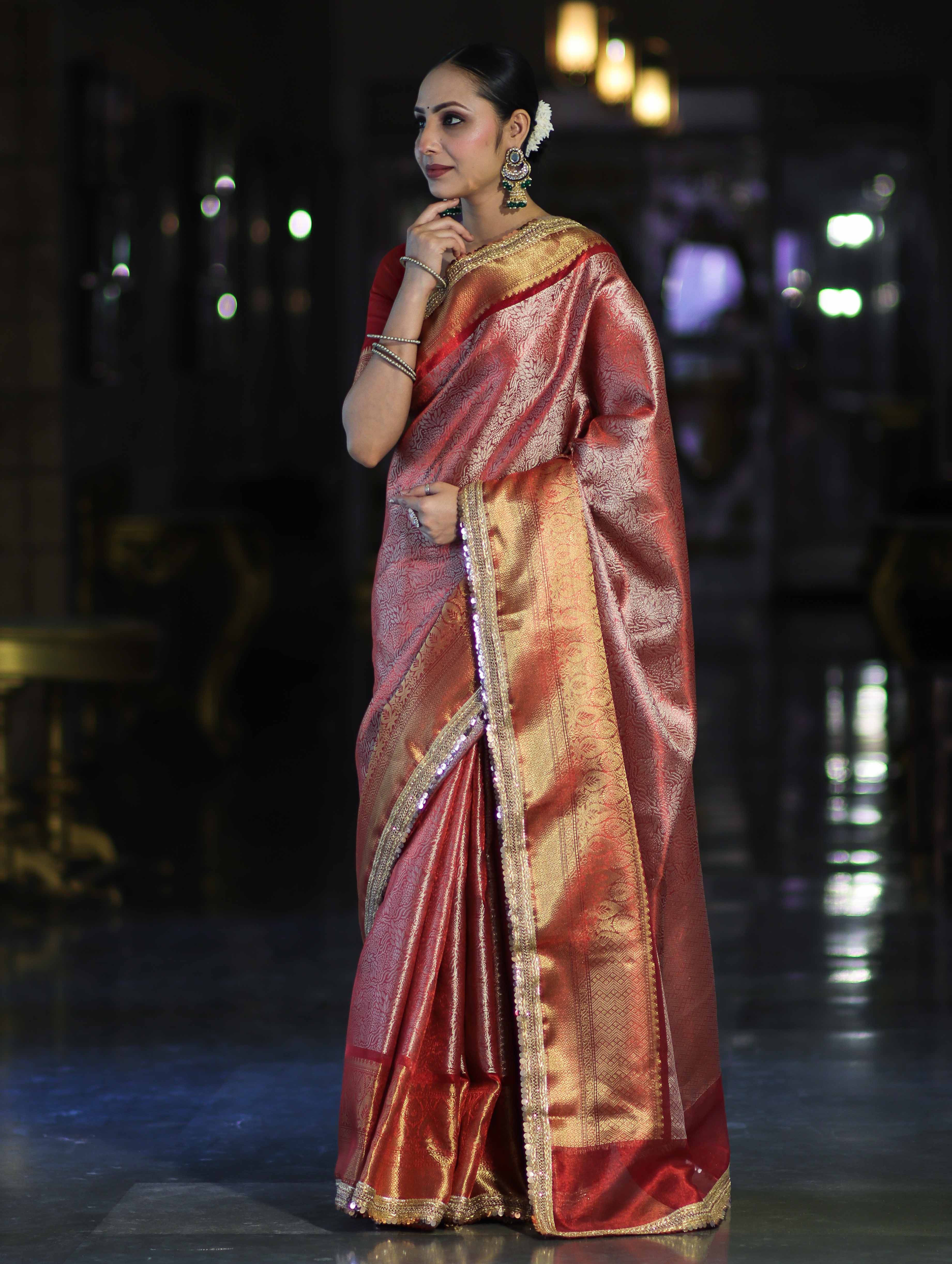 Banarasee Handloom Tissue Saree With Zari Woven Design Broad Border & Lace-Red