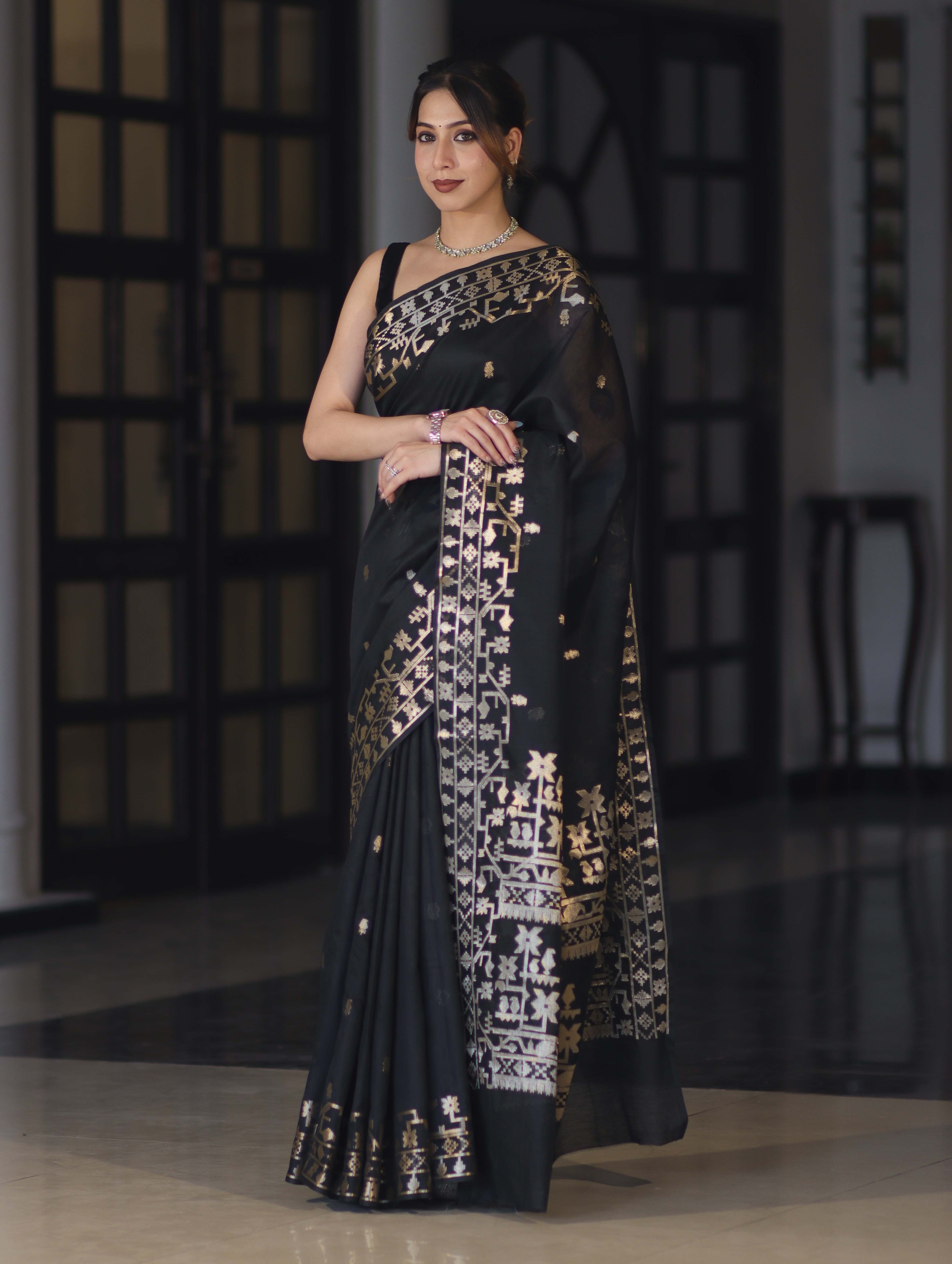Banarasee Handloom Cotton Silk Saree With Zari Buti Deign & Geometric Border-Black