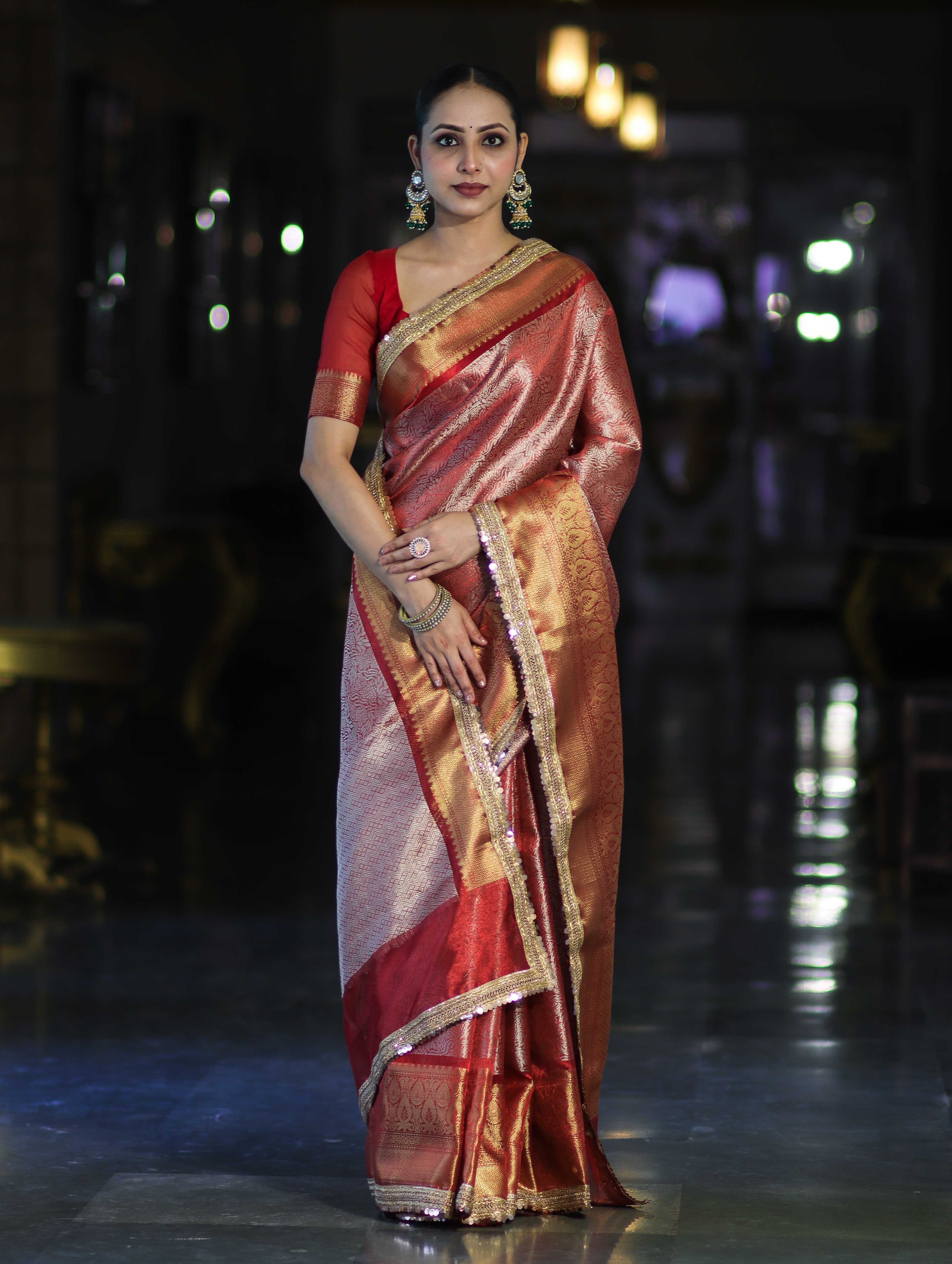 Banarasee Handloom Tissue Saree With Zari Woven Design Broad Border & Lace-Red