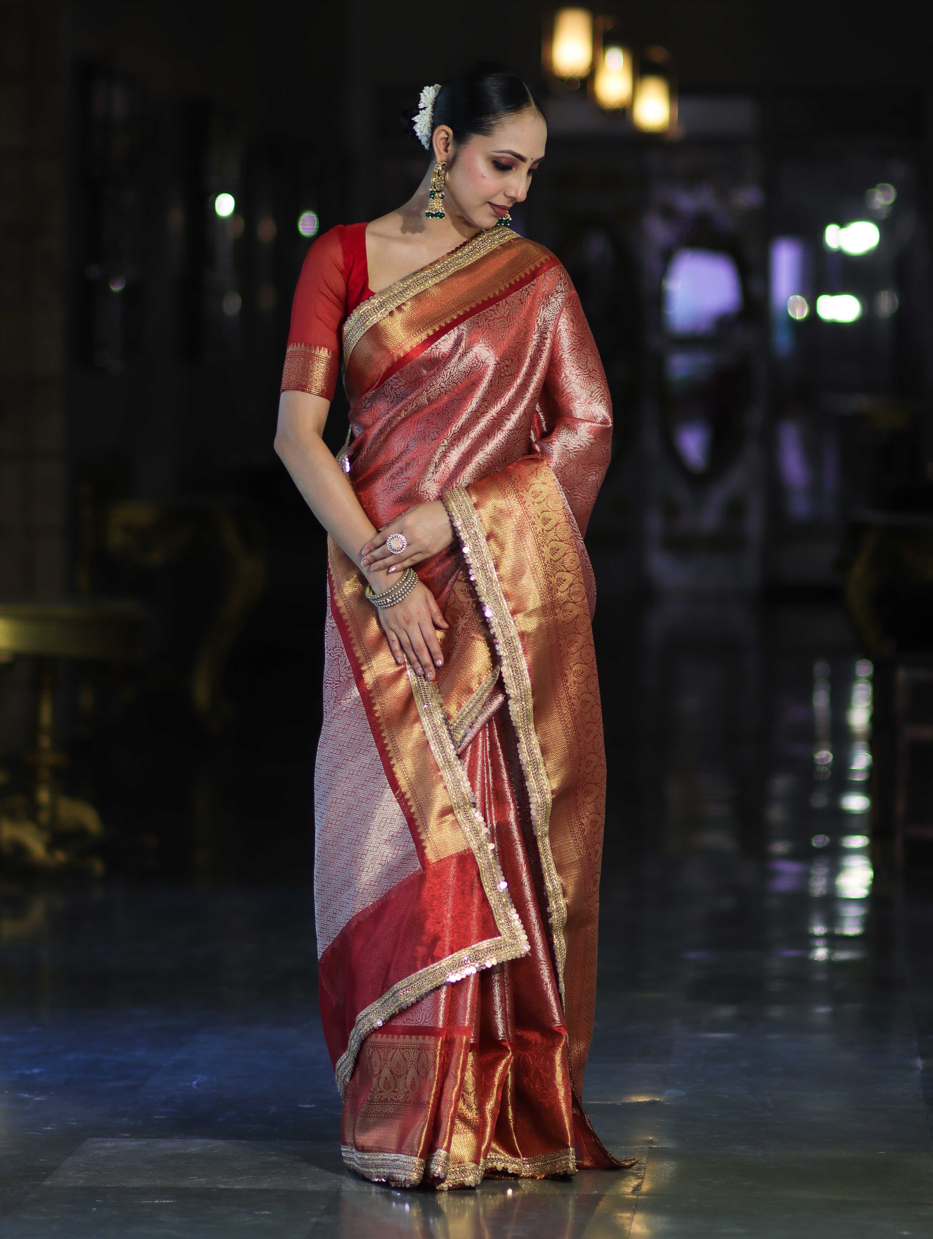 Banarasee Handloom Tissue Saree With Zari Woven Design Broad Border & Lace-Red