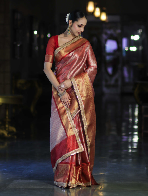 Banarasee Handloom Tissue Saree With Zari Woven Design Broad Border & Lace-Red