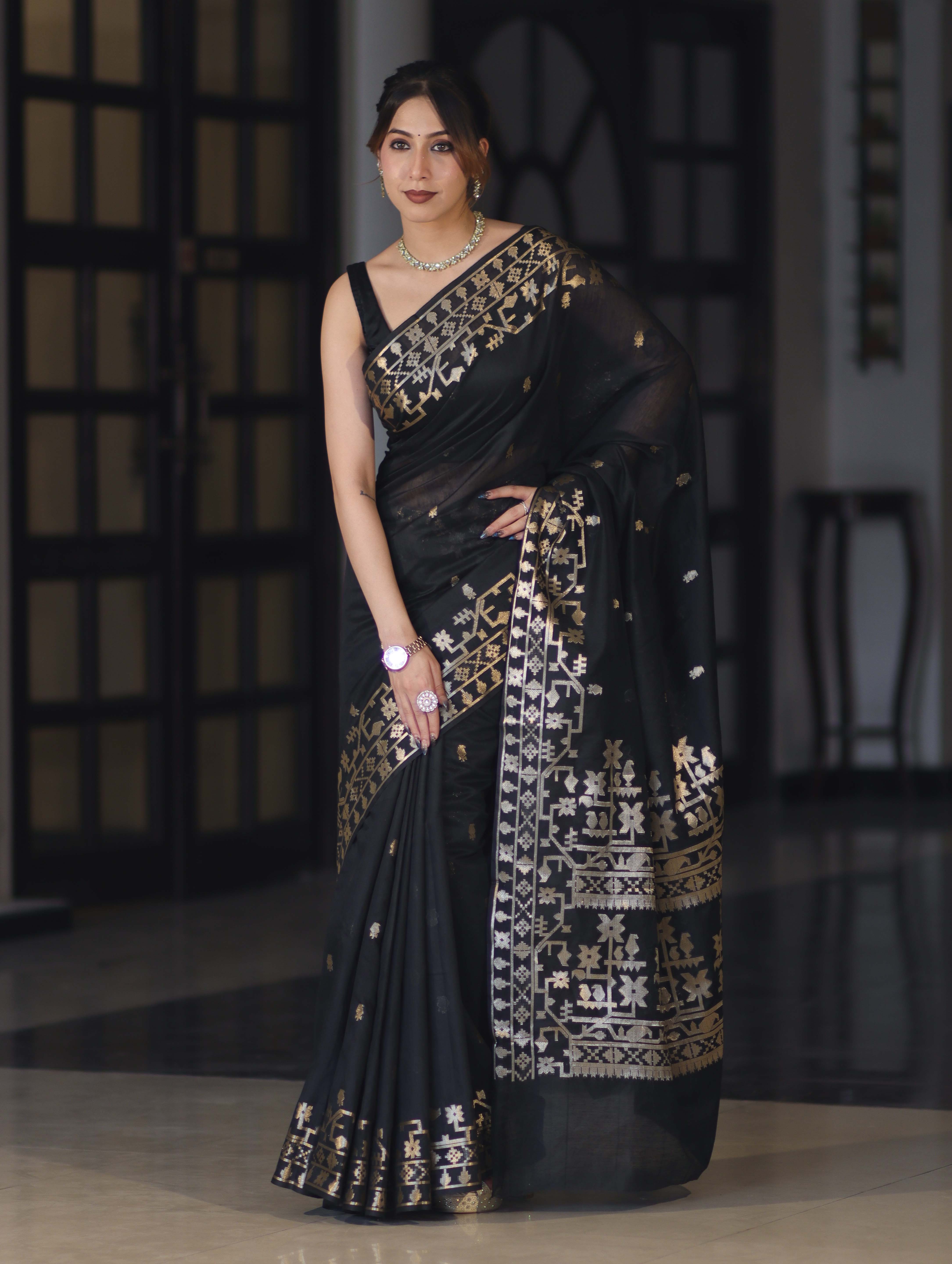Banarasee Handloom Cotton Silk Saree With Zari Buti Deign & Geometric Border-Black