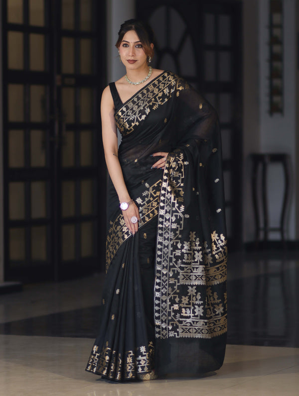 Banarasee Handloom Cotton Silk Saree With Zari Buti Deign & Geometric Border-Black